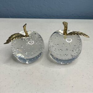 (2) vintage Clear Apples/controlled bubbles paperweight with brass leaf and stem